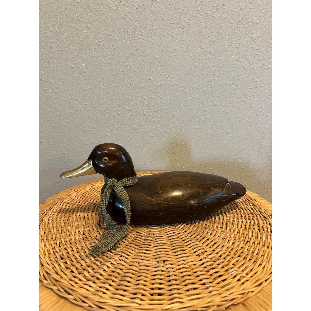 Vintage Wooden Mallard Duck Decoy Brass Bill Brown Rustic Carved Decor